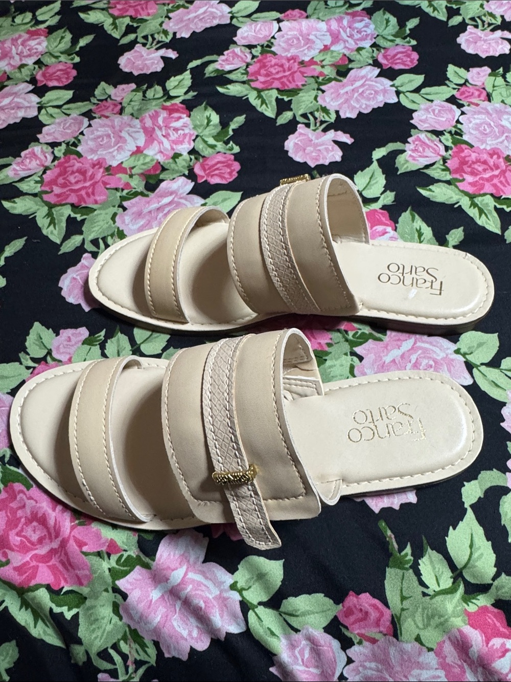 NEW Franco Sarto Beige Double-Strap Slide Mules with Gold Accent